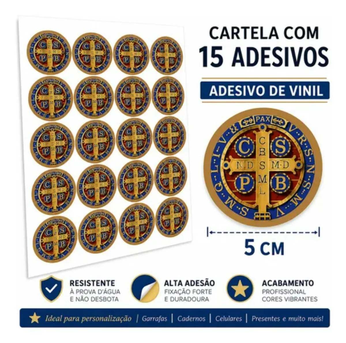 Cartela Kit 15 Adesivos Medalha São Bento 5cm Colorido