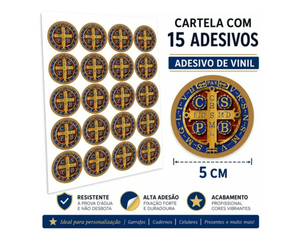 Cartela Kit 15 Adesivos Medalha São Bento 5cm Colorido